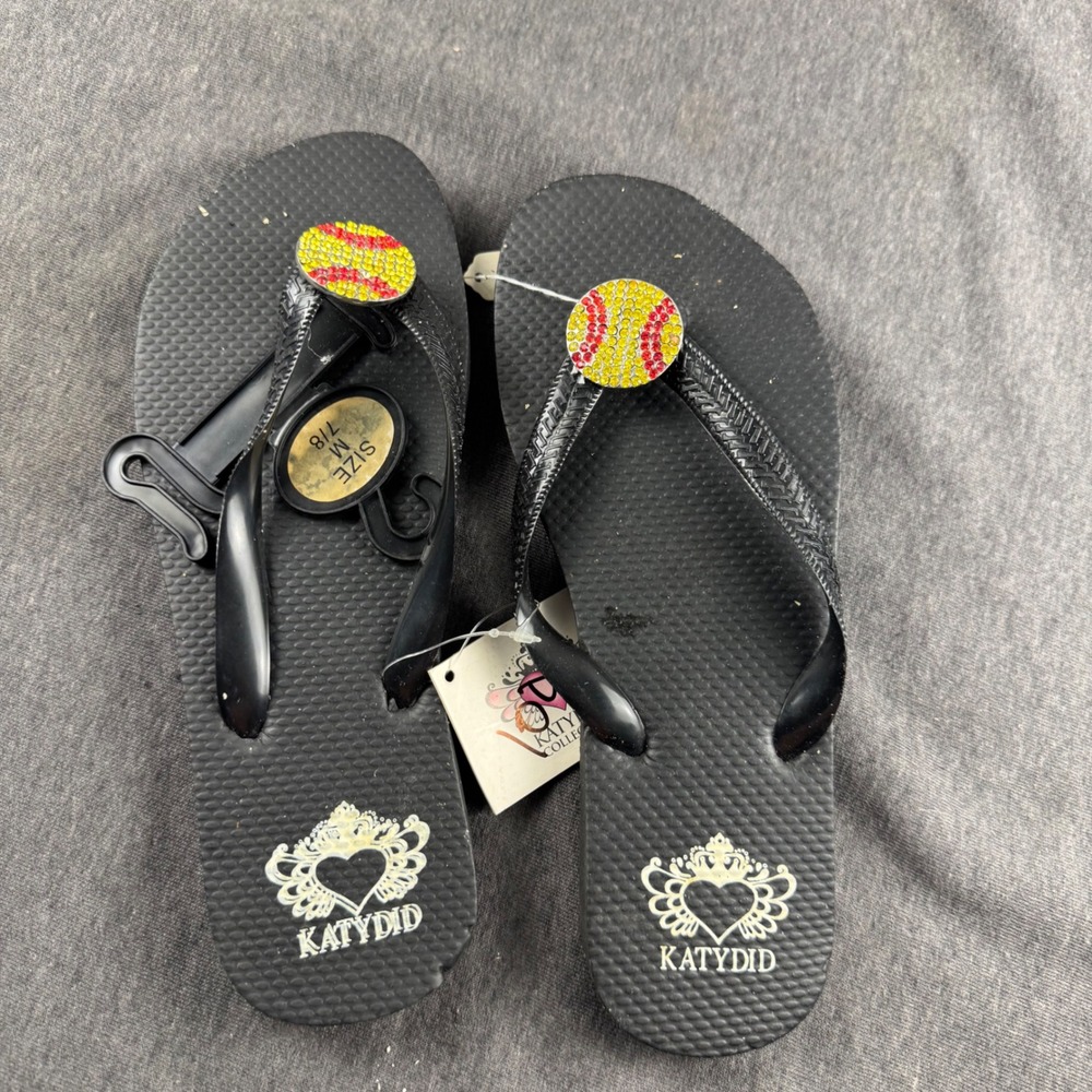 Katydid Womens Black Flip Flops Rhinestone Softball Baseball Concho Sandals 7/8
